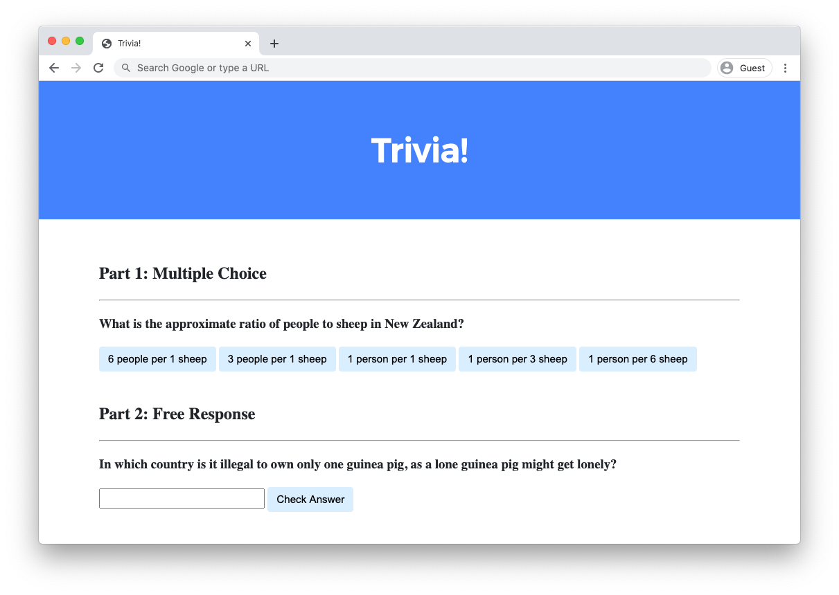 Beispiel einer Trivia-Seite mit einer Multiple-Choice-Frage und einer Freitextfrage